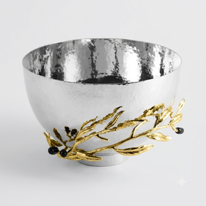 Bol de service élégant en métal martelé argenté avec base décorative en feuille d'or, bol à salade de fruits de luxe, centre de table, vaisselle - Product Image 1