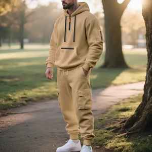 Ensemble de survêtement gris à capuche pour homme, 2 pièces, décontracté, manches longues, couleur unie, pantalon cargo avec poches, coton respirant, vêtements d'hiver - Product Image 2