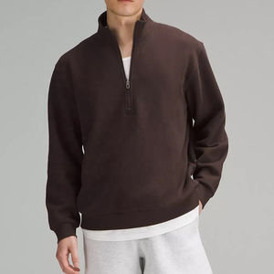 Sweat-shirt à col montant surdimensionné en molleton 100% coton, couleur marron foncé, personnalisable OEM, avec fermeture éclair quart ou demi-zip, pour hommes - Product Image 1