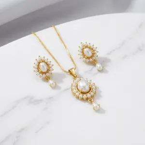 Handmade Gold Plated Imitation <b>Pearl</b> Necklace Earring Pendant <b>Set</b> Vintage Floral Design Indian Women's Trendy Wedding <b>Jewelry</b> - Product Image 1