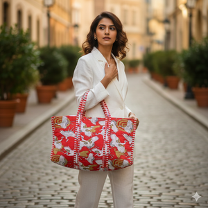 Bolso de Hombro Grande para Mujer, Acolchado, de Algodón, con Estampado de Grulla Roja, Plegable, Hecho a Mano, de Gran Capacidad, Tejido Suave, para Viaje - Product Image 2