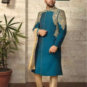 Salwar Kameez de créateur pour homme, style indien pakistanais, broderie lourde, tenue de mariage Dulha, vêtement ethnique infroissable - Product Image 1