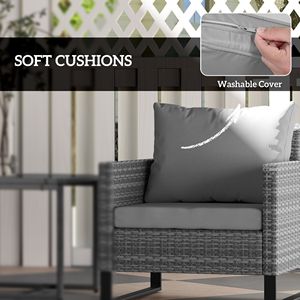 Set bistrot in vimini grigio 3 pezzi con cuscini sedie in Rattan tavolino in vetro per mobili da giardino per portico o balcone - Product Image 5