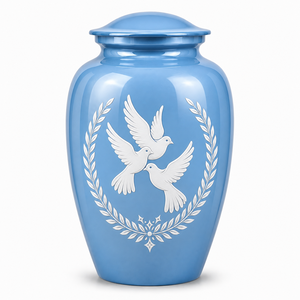 Urna Funeraria Azul Cielo con Palomas Blancas y Encaje Grabado, Adhesivo Conmemorativo con Imagen, Urna de Esmalte para Cenizas Humanas - Product Image 3