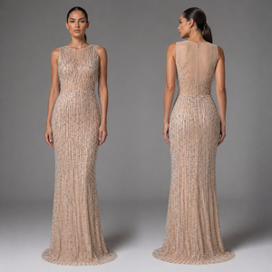 Robe de soirée sirène luxueuse en perles couleur nude |   Robe de soirée longue sans manches ornée de détails |   Fournisseur en gros de marques privées OEM en Inde - Product Image 6