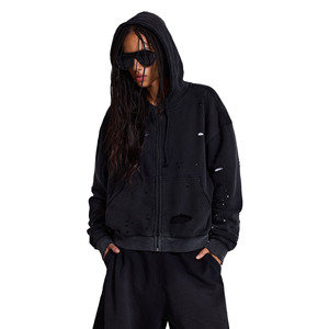 Sudadera con capucha corta para mujer, con cremallera frontal, forro polar transpirable, poliéster/algodón, cremallera negra, para invierno, venta al por mayor, OEM, logotipo personalizado - Product Image 4
