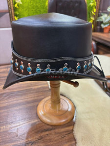 Chapeau haut de forme en daim noir fait main avec clous turquoise, style western cowboy steampunk, écologique, logo personnalisé, unisexe, pour fêtes et occasions décontractées, mode - Product Image 4