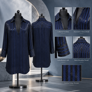Premium Navy Blue Striped Blouse <b>Long</b> Sleeve Tunic <b>Shirt</b> with Embellished Cuffs and V Neck | Elegant Formal Party Wear for <b>Women</b> - Product Image 5