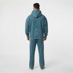 Conjunto de dos piezas de chándal para hombre de alta calidad al por mayor, con cremallera completa, lavado ácido, hombros caídos, sudadera con capucha y bolsillo canguro. - Product Image 4