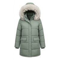 Manteau d'hiver long matelassé en polyester noir olive personnalisé pour femme avec capuche en fourrure et poches