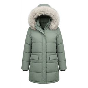 Manteau d'hiver long matelassé en polyester noir olive personnalisé pour femme avec capuche en fourrure et poches - Product Image 4