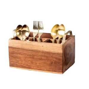 Organizador de Cubiertos de Madera de Nogal con 4 Compartimentos, Asa Central Integrada, Incrustaciones Rayadas, Caja para Cubiertos, Porta Utensilios de Mesa - Product Image 6