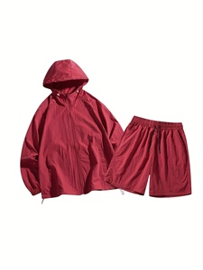 Conjunto de Chaqueta con Capucha y Pantalones Cortos Rojos para Hombre, Ropa Casual de Verano de Secado Rápido, Tejido de Punto, Color Sólido, Dos Piezas - Product Image 4