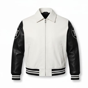 Blouson universitaire en cuir véritable blanc de qualité supérieure pour homme, avec broderie personnalisée sur le devant et le dos, style streetwear, blouson bomber bicolore, veste de motard - Product Image 6