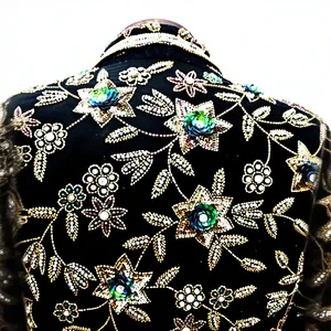 Vintage <b>Black</b> Velvet Embroidered Wrap Coat Floral <b>Shawl</b> Collar Three Quarter Sleeve Knee-Length Adult Winter Wear - Product Image 5