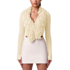Women's Cream Knitted Crop <b>Cardigan</b> Long Sleeve V-Neck Ruffle Collar Casual Solid Color Top - Product Image 1