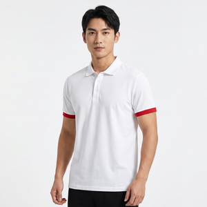 Polo de Manga Corta Blanco para Hombre con Ribete Rojo, Algodón, Casual, Transpirable, Corte Regular, Diseño Tejido de Color Sólido - Product Image 4