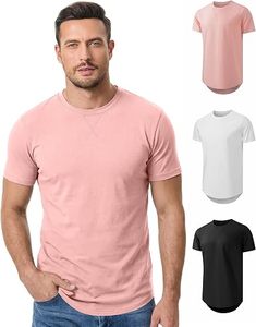 Men's O-Neck Short Sleeve <b>T</b>-<b>Shirt</b> Regular Fit Solid Color Knitted Casual <b>Long</b> Length <b>Black</b> White Pink - Product Image 2