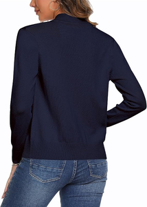 <b>Women's</b> <b>Navy</b> Blue Zipper <b>Cardigan</b> Full Sleeve Stand Collar Solid Color Knitted Sweater Casual Winter Wear 100% Acrylic - Product Image 2