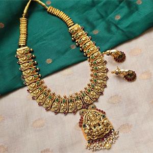 24K Gold Plated Temple Lakshmi Semi Bridal Necklace and Earring Set for Daily Wear - Product Image 2