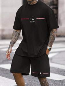 Ensemble t-shirt décontracté à manches courtes et col rond imprimé lettres et short à taille élastiquée pour homme grande taille – Collection été - Product Image 2