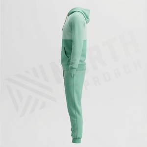 Men's <b>Mint</b> <b>Green</b> Hooded Tracksuit Full Length Solid Color Casual Sportswear With Drawstring And Side Pockets - Product Image 3
