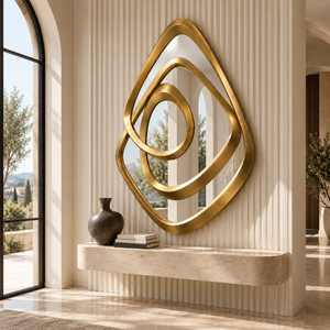 Miroir mural sculptural doré, miroir décoratif géométrique abstrait moderne pour salon, chambre, entrée, style de décoration de maison de luxe - Product Image 2
