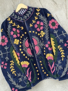 Indian <b>Velvet</b> Suzani <b>Jacket</b> Floral Embroidery Vintage Short Coat Handmade Cotton Fabric Breathable Eco-Friendly Autumn <b>Jacket</b> - Product Image 3