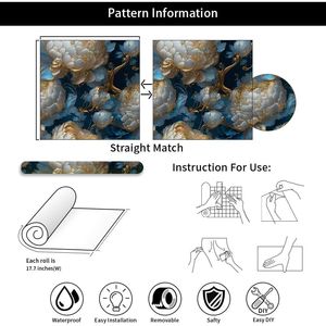 Grand papier peint floral vintage autocollant bleu marine foncé avec pivoines dorées et blanches, application facile, papier contact, décoration murale - Product Image 2
