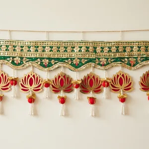 Elegant Indian Wedding Bandhanwar with Green Gold Embroidery Red Lotus Charms and Pearl Hanging Tassels - Product Image 4
