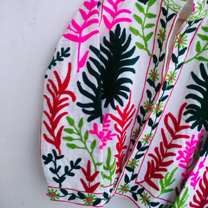 Boho Hand-Embroidered White Cotton Quilted <b>Jacket</b> Artisanal Floral Suzani Winter Wear <b>Blazer</b> Cardigan Vibrant Indian Ethnic Coat - Product Image 4