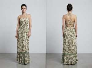 Vestido maxi halter estampado con espalda descubierta, bajo con volantes, sin mangas, casual de verano para mujer, estilo Y2K, cintura natural, tejido. - Product Image 4