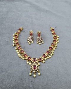 Wholesale Traditional Gold Plated American Diamond Work Oval Stone Studded <b>Pearl</b> Necklace <b>Set</b> Designer Fashion <b>Jewelry</b> Suppliers - Product Image 4