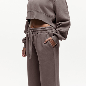 Pantalones de chándal de forro polar para mujer, estilo casual de invierno, de pierna ancha, con cordón y parte delantera plana, tipo jogger - Product Image 6