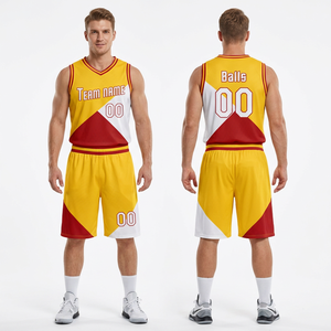 Maillot de basketball personnalisé sublimé jaune, rouge et blanc, col en V, sans manches, en maille respirante, coupe athlétique unisexe adulte, avec nom d'équipe et motifs de ballons - Product Image 3