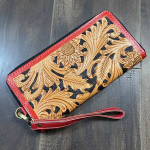 Premium Red Leather Hand Tooled Floral Design <b>Women</b> Clutches High Quality Genuine Leather Card Holder Detachable Wristlet <b>Purse</b> - Product Image 2