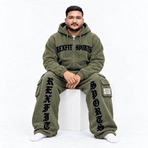 Custom design unisex Cargo Tracksuit French Terry Full Zip <b>Hooded</b> Jacket Wide Leg Pants With Applique Embroidery Custom Logo - Product Image 3