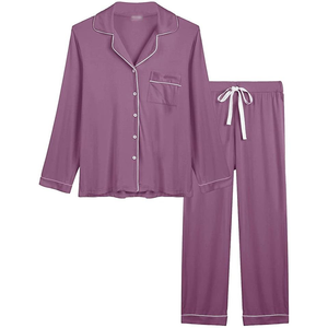Women's 2-Piece Jersey Pajama Set Short Sleeve Solid Color Breathable Sleepwear Classic Style Full Length Turn-Down Collar - Product Image 4