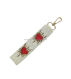 Heart Embroidered Beaded Keychain Red White Wristlet Bag Charm Handmade Ring Valentine Gift Cute Eco-Friendly Durable Accessory - Product Image 1