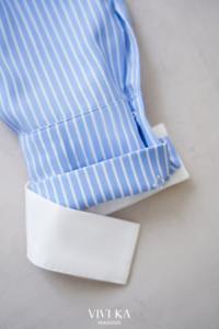 Chemise en coton rayée bleue pour femme, manches longues, boutonnée, col classique, coupe décontractée, détail ruban, automne - Product Image 6