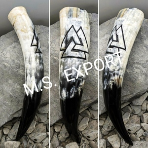 Handmade Ox Horn Polished Carved with Viking Runes and Ornate Design Natural Shape Customizable Drinking Antique <b>Art</b> Collectible - Product Image 2