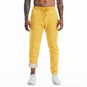 DROGEN EXPORT Men's Spring <b>Linen</b>/Cotton Fleece Lined Lightweight Drawstring Sweatpants Anti-Pilling Yellow Casual Athletic Pants - Product Image 1