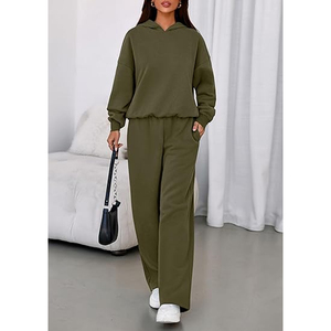 Ensemble sweat à capuche et pantalon de survêtement droit pour femme, tenue décontractée chaude d'hiver, couleur unie - Product Image 5