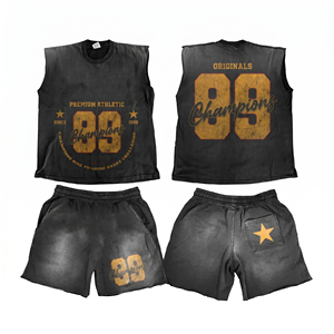 260 GSM Heavyweight Cotton Sleeveless Graphic T Shirt And Washed Black Shorts Screen Print Logo Men Sleeveless shirt and Shorts - Product Image 6