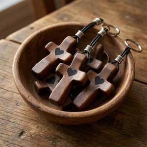 Llaveros de madera con cruz y grabado de corazón, hechos a mano, regalo religioso para decoración de bodas, artesanía para mesa. - Product Image 1