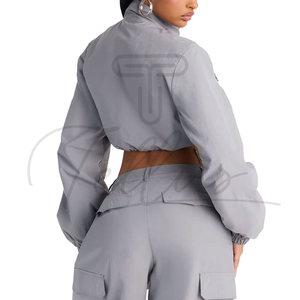 Women's Autumn/Winter Lightweight Knitted Polyester Cropped Windbreaker <b>Jacket</b> Custom Short Canvas Stand Collar High Street - Product Image 2