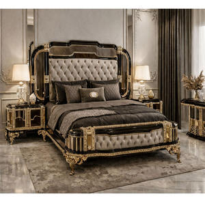 Juego de Cama de Lujo Estilo Barroco con Estructura de Madera, Muebles de Dormitorio Tallados en Negro y Dorado, Juego de Cama Exclusivo de Estilo Europeo, EE. UU. - Product Image 1