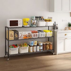 Espositore in Ferro a 3 Ripiani Regolabili 117*45*104cm, Verniciato a Polvere Nero, Piedini Regolabili, Ruote, Ripiani con Spazi Distanziati, Portaoggetti e Scaffali - Product Image 1