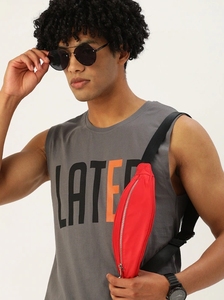 Camiseta sin Mangas Gris para Hombre, Cuello Redondo, Estampado de Letras, Ropa Casual, Transpirable, de Algodón Tejido - Product Image 4