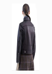Women's Black PU Leather Woven Outdoor Moto Jacket Full Sleeve <b>Zipper</b> Closure Turn-down Collar Autumn Style - Product Image 4